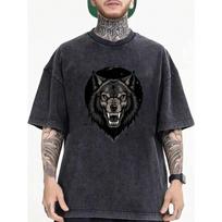 Men's Oversized Cotton Washed Wolf T-Shirt - Vintage Stone Washed Streetwear Tee with Print, Loose Fit Crew Neck Short Sleeve for Hip Hop,Casual Wear S juoda