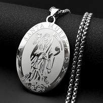 Holy Saint Death Santa Muerte Grim Reaper Oval Pendant Necklace for Women Men Stainless Steel Gold Color Sickle Skull Jewelry white