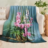 1pc Printed Blanket, Ins-Style Pink and White Orchid and Bamboo Leaf Pattern Blanket, Soft and Skin-Friendly Decorative Blanket for Bedroom and Sofa, 75X95CM