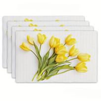Fresh Yellow Tulip Bouquet White Linen Background Print Rectangular Placemats  Set Spring Floral Dining Table Decor Mats 4PCS