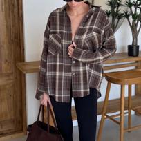 European and American street style plaid pocket shirt women's 1116 autumn and winter outer casual shirt medium and long design sense S gray