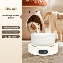 Cat & Dog Heated Water Dispenser: Ceramic Winter Fountain Bowl with Stable Temperature Mat for Pets White Base + White Bowl beige