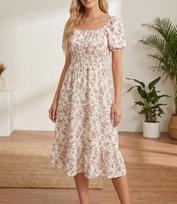 Women Floral Print Dress Summer Casual Square Neck Puff Sleeve Tiered Midi Dress Solid Color Vacation Dress S