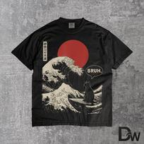 Bruh Great Wave Kanagawa Surfing Cat T-Shirt | Funny Japanese Art Meme Tee, Cat Lover Gift S
