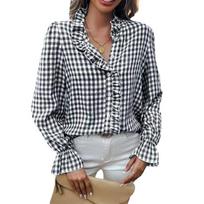 Women S French Style Plaid Long Sleeve Casual Shirt S gray