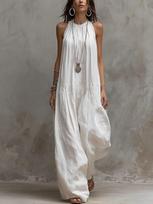 European and American style sleeveless white cotton and linen pullover dress loose long casual vacation style women's dress S