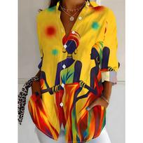 Women's long-sleeved shirt ethnic style girl printed shirt single piece floral shirt long sleeve S
