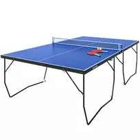 Sulankstomas stalo teniso stalas su tinkleliu, ratukais, 2 stalo teniso lazdomis, 3 kamuoliukais, plieninis, mėlynas, 274x152,5x76cm