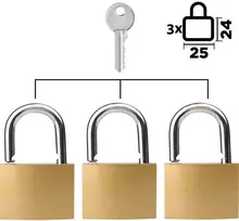 3 pakabinamų spynų rinkinys (ta pati raktų kombinacija), vienodas raktas visoms spynoms, pakabinamos spynos komplektas, raktinės pakabinamos spynos, 25 mm spynos