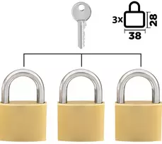 3 spynos komplekte (ta pati rakto kombinacija), vienodais raktais rakinamos spynos, 38 mm spynos