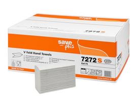 Servetėlės rankoms SAVE Plus V Fold 21.5 x 21 cm, baltos, 2-jų sluoksnių, 15 x 200 vnt. (plačios 10,5 cm)