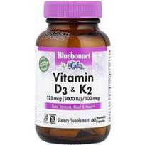 Bluebonnet Nutrition, Vitaminas D3 ir K2, 60 daržovių kapsulių