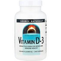 Source Naturals, Vitaminas D-3, 125 mcg (5000 TV), 240 kapsulių