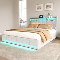 Dvigulė lova 140 x 190 cm, su LED apšvietimu, USB Type-C įkrovimo funkcija ir stalčiumi, smėlio spalvos, linas