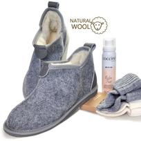 Dovanų rinkinys 3 viename: moteriškos Nowo® veltinio ir avikailio šlepetės, alpakų vilnos kojinės VCA Textil® ir pėdų balzamas