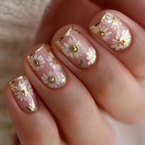24Pcs White Flower French Press On Nails With Gold Edge Summer Full Cover Fake Nail Tips For Women beige