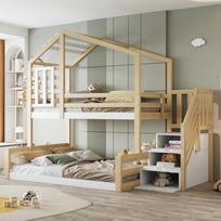 Bunk Bed, 90*200cm, Pine Wood, Bed with Window, House Trim, Railing, Step Staircase for Storage, Natural 253 x 146 x 209 cm natūrali
