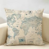 World Map Air Travel Cushion Cover Durable Hypoallergenic Organic Linen Pillow Cover Short Size Washable Skin-Friendly 30cmx30cm(12x12Inch) beige