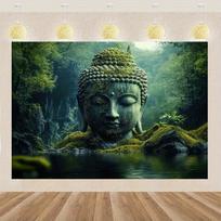 Zen Meditation Buddha Tapestry  Polyester Fabric Wall Hanging with Serene Forest  Water Scene Perfect for Home Decor Holiday 74x94cm(29x37in) gray