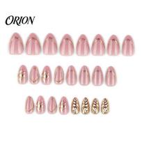 Stick-on Fake Nails 24Pcs Golden Cat Eyes Press on Nails, Nude Pink Almond Reusable for Women, Removable Full Cover Glue False 24PCS white