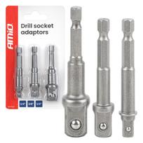 Galvučių adapterių suktuvui rinkinys, 1/4" HEX, 1/4" / 3/8" / 1/2", 3 vnt., AMIO-04933