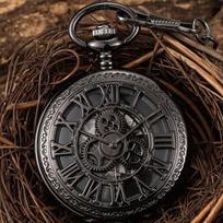 Steampunk Gear Hand Wind Mechanical Pocket Watch Vintage Black Skeleton Hollow Hand Fob Chain Watch Men With Roman Numbers juoda