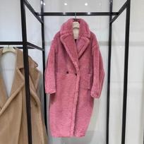 Moteriškas žiemos kupranugario spalvos teddy vilnos ilgas paltas, oversized atlapas, viršutinis drabužis L kupranugaris