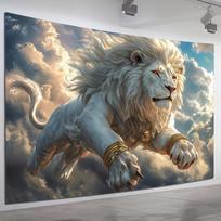Majestic White Lion Tapestry Wall Hanging, Red Eyed Flying Lion In Clouds, Fantasy Animal Print Home Decor For Living Room 70x100cm28x39in