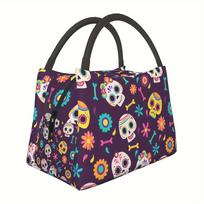 Sugar Skull Insulated Lunch Bag Portable Reusable Picnic Cooler Bag Durable Food Carrier One Size black