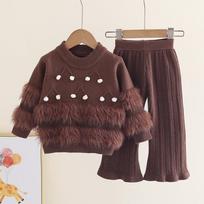 Girls' Toddler Knit Sweater & Wide-Leg Pants Set - Versatile Solid Color for Autumn/Winter Size 110 (fits height 100 cm) gray