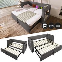Upholstered Daybed 90x200 cm, Sofa Bed, Pull-Out Bed, Armrests, USB, Type-C Charging Port, Cup Holder, Linen Blend Fabric, Gray, without Mattress. 217 x 98 x 74 cm pilka