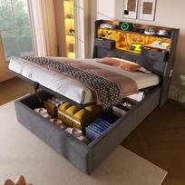 Upholstered Bed 90x200 cm with Hydraulic Storage & LED Headboard, 4 Charging Station, Single Bed Slatted Base, Grey Linen Fabric (Without Mattress) 221 x 103.5 x 116 cm pilka