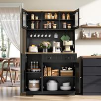 Display cabinet with door, kitchen cabinet, tall cabinet, adjustable shelves, perforated metal sheet, black, 103.5×40×180 cm 103.5 x 40 x 180 cm juoda