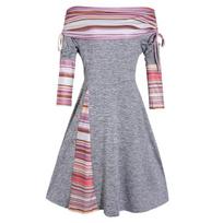 Indian style dress, one-word neck off-the-shoulder mid-sleeve printed splicing and thin A-word split skirt S pilka spalva