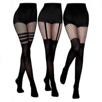 Kave 3 Pairs Womens Faux Thigh High Fishnet Stockings Fishnet Tights Patterned Pantyhose Over The Knee Goth Striped Suspender M 56-65kg black