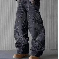 Y2k Hip Hop Laisvi Džinsai Vyrams Nudėvėti Retro Juodos Kelnės Siuvinėjimas Harajuku Gotikinės Plačios Kelnės Streetwear Kelnės S gray