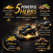 Supra Man Auksinės Shilajit kapsulės vyrams | Grynas Himalajų Shilajit su Swarna Bhasma, Ashwagandha, Gokshura ir Safed Musli | Palaiko jėgą, S