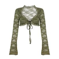 Mori Vintage lace splicing perspective fungus edge long-sleeved blouse light and familiar street party short top M žalia