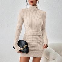 Megzta apatinė suknelė moterims Elegantiška vakarėlio rudens žiemos aukštu kaklu ilgomis rankovėmis Seksuali prigludusi mini suknelė Bodycon klubinė suknelė M juoda
