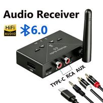Kebidu Bluetooth 6.0 Wireless Audio Receiver with USB U-Disk Play, RCA & 3.5mm AUX Output, 20m Stable Signal Converter for Vintage Home Speakers Black