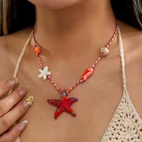 Y2K Colorful Starfish Fish Lobster Charm Necklace for Women Ceramic Rope Chain Ocean Boho Summer Jewelry Gift Party Accessories brown