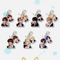 7pcs BTS Suit Photo & Anime Cartoon Double Acrylic Keychain, Bangtan Boys Real Photo + Cartoon Figure Keyring, Kpop Idol Bag Pendant for ARMY 7pcs gray