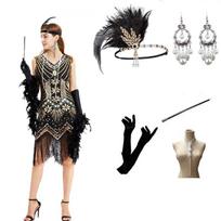 Large Size S-4XL Vintage Dress, Sequined Evening Dress Banquet 1920 Set S black