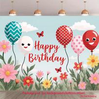 2D Happy Birthday Backdrop, Cute Cartoon Balloons & Floral Garden Background Cloth 82.7x59inch/210*150cm red