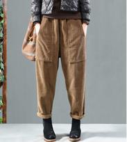 Retro artistic style personality pocket corduroy versatile casual harem trousers for women 5XL juoda