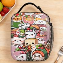 Kawaii Sushi Characters Collage Lunch Bag Leisure Picnic Lunch Box Graphic Design Convenient Thermal Tote Handbags One Size black