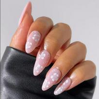 24Pcs White Flower Short Almond Press On Nails Glossy Blue French Tip Acrylic Full Cover Fake Nails Art Set For Women Girls black