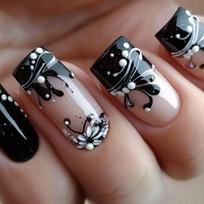 24Pcs Short Square Black Flower French Press On Nails Detachable Acrylic Nail Tips For Autumn Winter Wearable Manicure