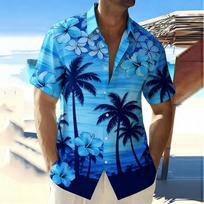 Summer Essential! Hawaiian Short Sleeve Shirt, Tropical Palm & Floral Print S blue