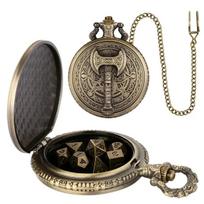 Engraved Axe Pattern Pocket Watch Case Pendant Chain with 7Pcs Mini Polyhedral Metal Dice Set Entertainment Gaming Accessory gray